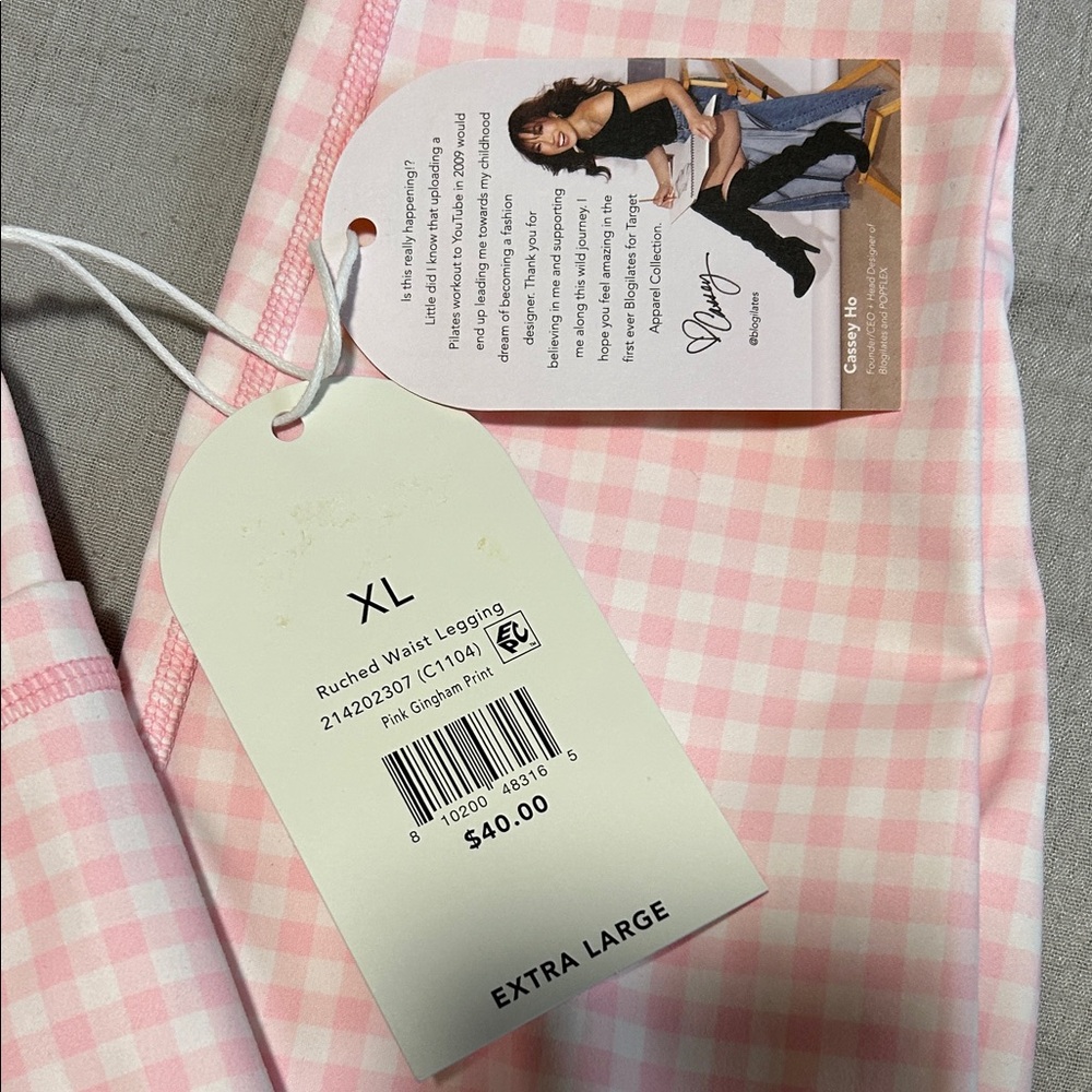 Blogilates Pink Gingham Leggings with Floral Ruched Waistband - Picture 2 of 9
